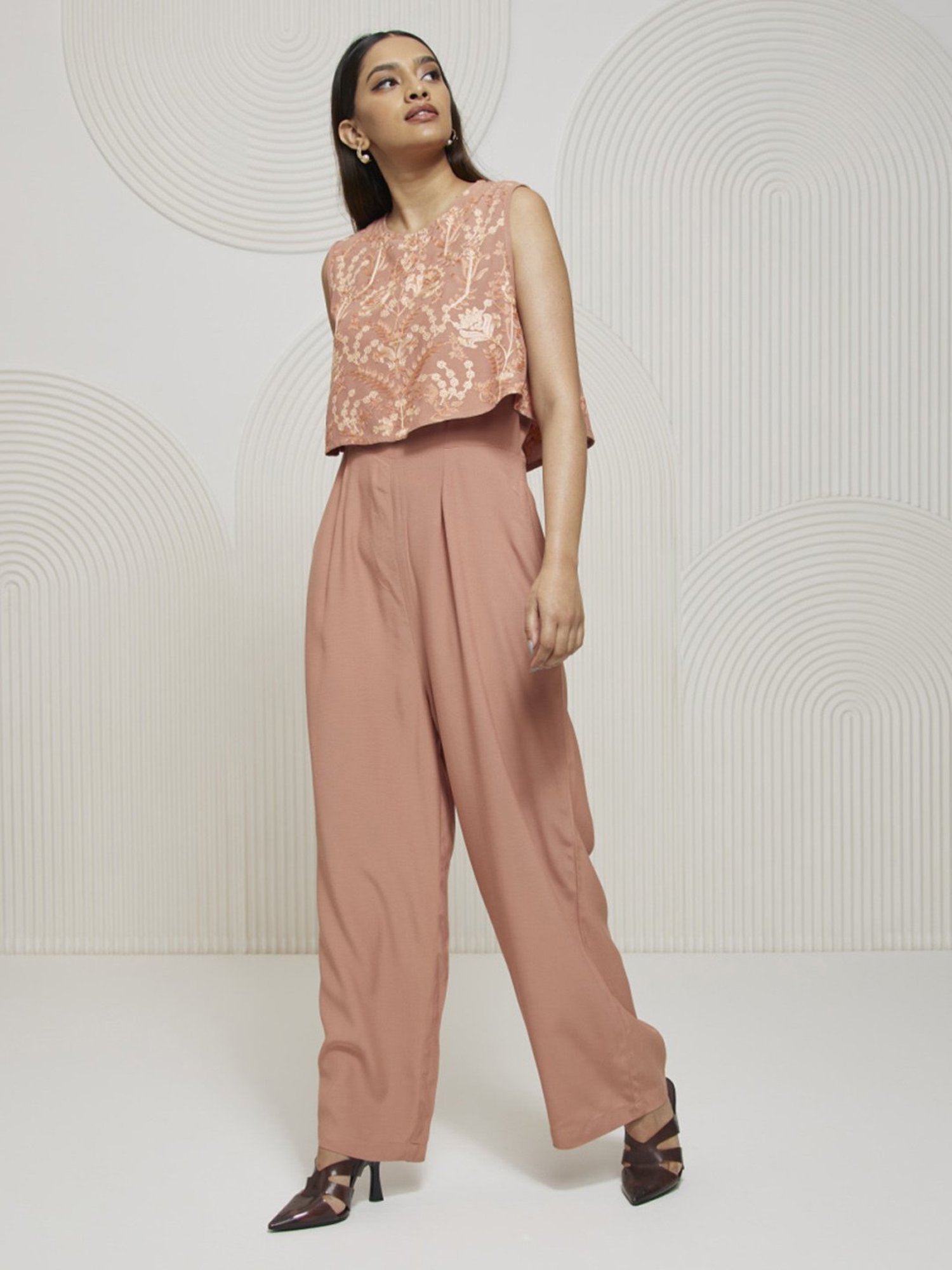Artagai Salmon Pink Jumpsuit with Kashida Embroidery