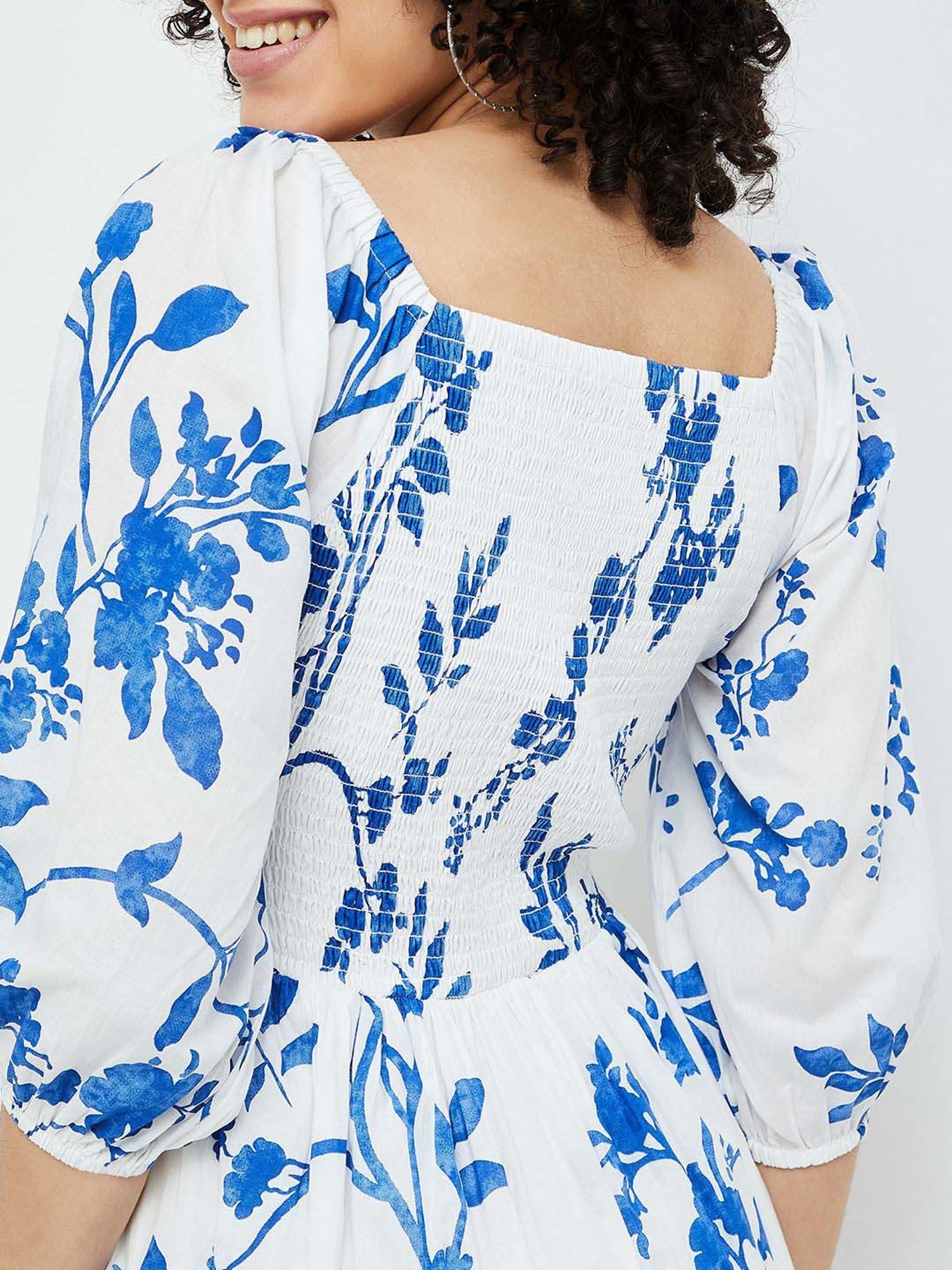 Colour Me by Melange White Cotton Printed A-Line Dress