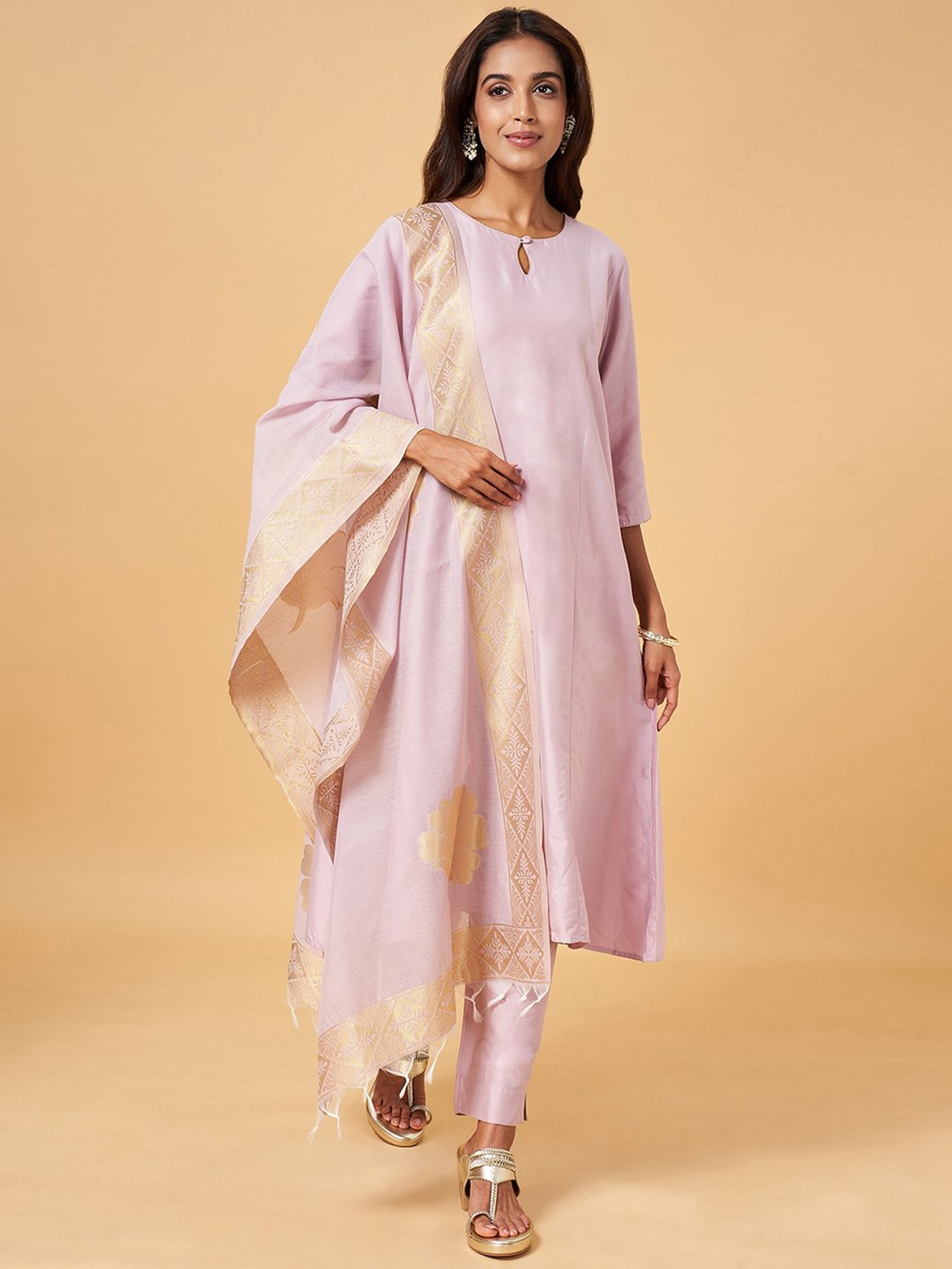 Rangmanch by Pantaloons Lilac Plain Kurta Pant Set with Dupatta