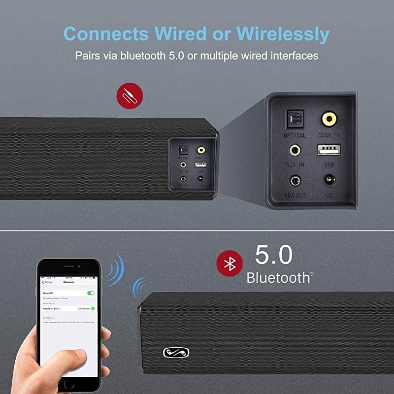 100 Watt Home Theater System 21 Channel with Builtin Subwoofer Bluetooth 50 and Wired Connections Sound Bars for TV 32 Inch 3 Audio Modes Bass Adjustable Wall Mountable Touch Control