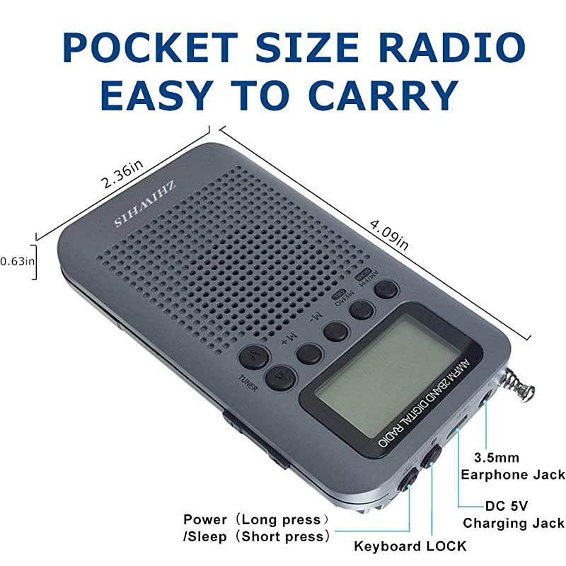 Mini LCD AM FM Battery Operated Portable Pocket Radio with Builtin Speaker and 35mm Headphone Jack Powered by 2AAA Battery Digital Alarm for WalkingTravel