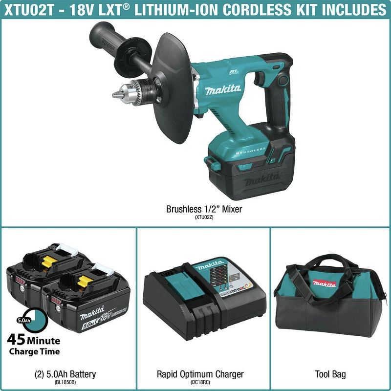 Makita XTU02T 18V LXT Lithium-Ion Brushless 1/2 in. Cordless Mixer Kit (5 Ah)