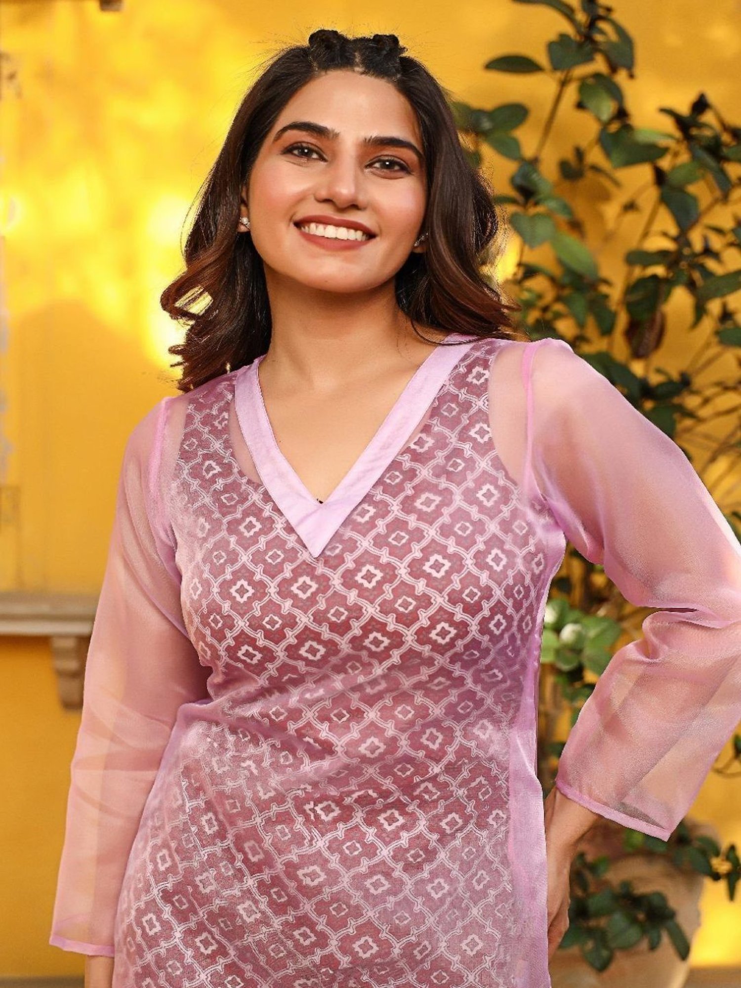 Thread and Button Baby Pink & Red Organza Kurta with Jumpsuit