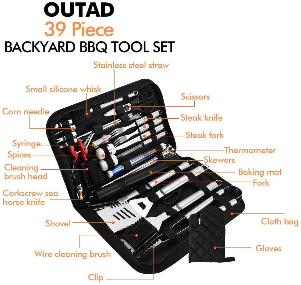 OUTAD Grilling Accessories BBQ Grill Tools Set Professional Grill Utensils 39PCS Stainless Steel Grilling Kit for Outdoor Indoor Camping Party Men and Women Gift
