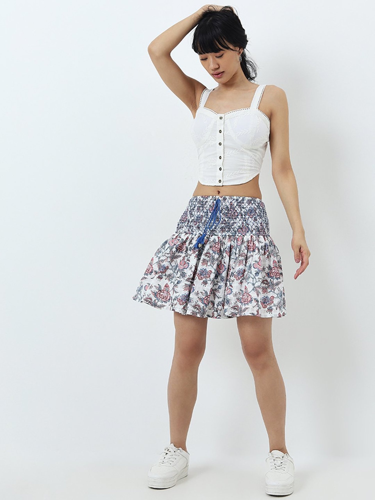 Belle Fille Sky Blue & Beige Printed Skirt
