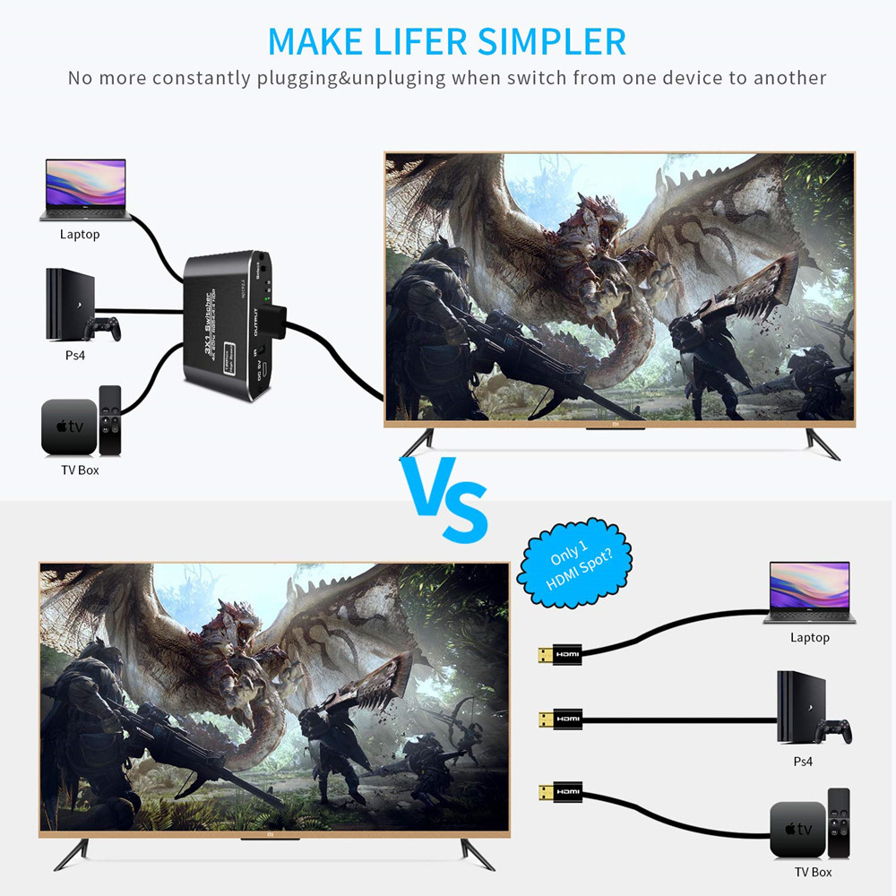 3x1 HDMI Splitter Aluminum HDMI Switch 3 in 1 Out with IR Remote Control, Supports 4k@60HZ 3D HD1080P, HDMI Switcher for PS3 PS4 Pro TV