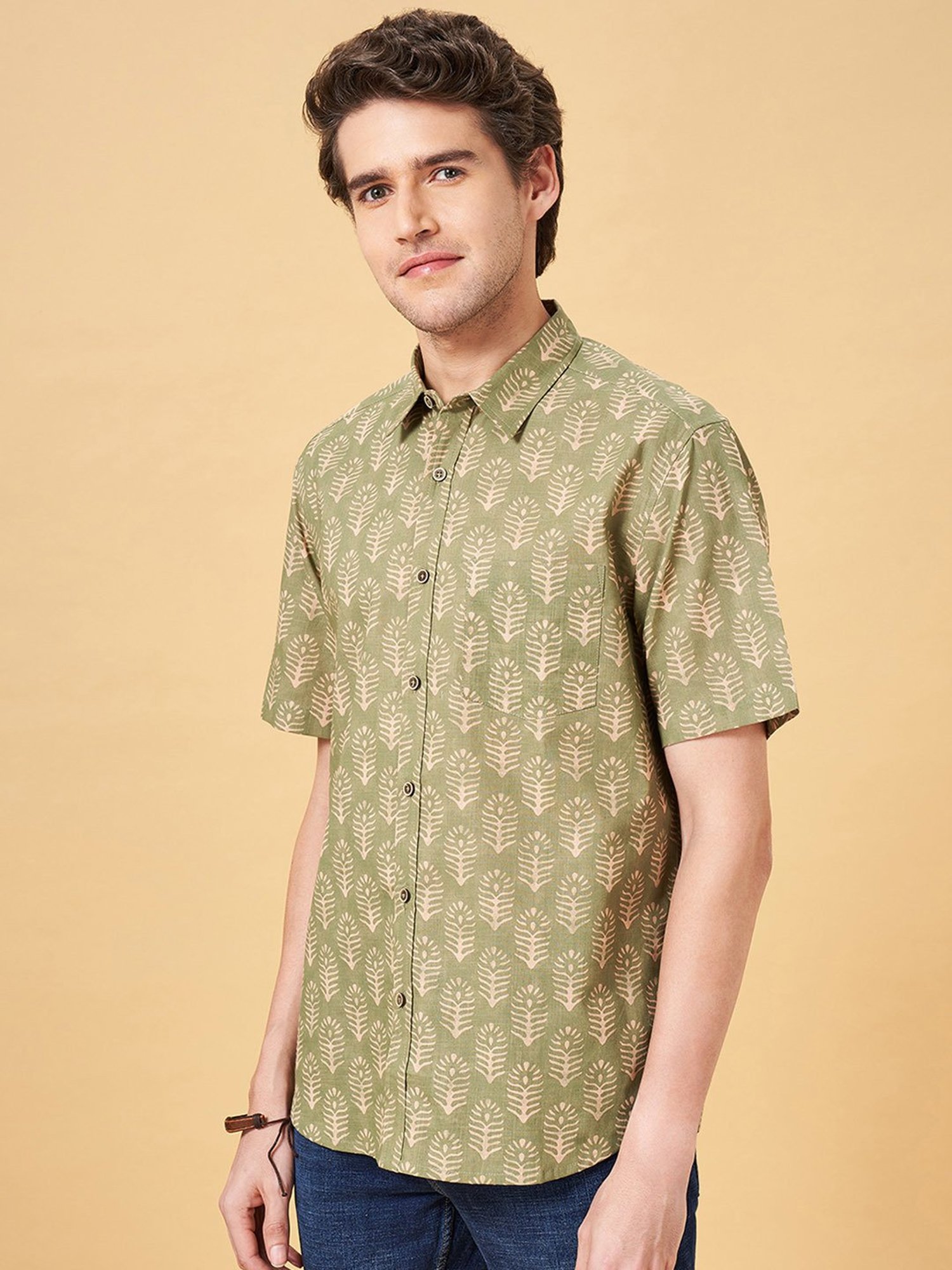 Indus Route by Pantaloons Sage Green Regular Fit Printed Shirt