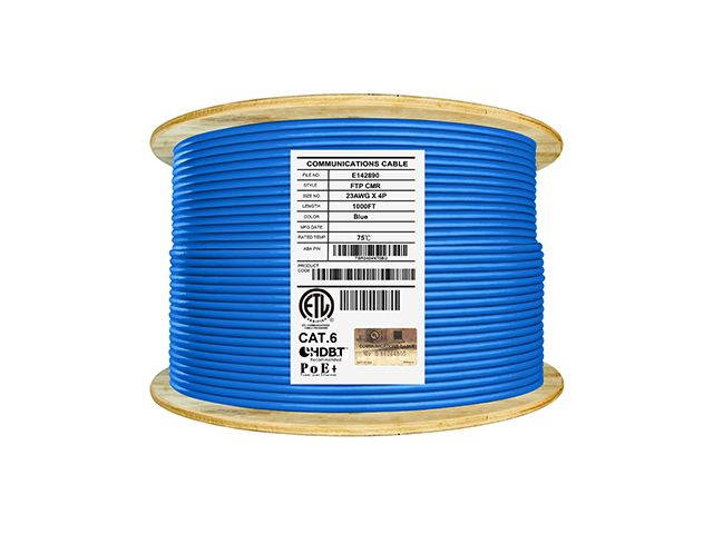 Elite Cat6 Shielded Riser (CMR), 1000ft, 550MHz, 23AWG, F/UTP, Solid Bare Copper, UL Certified, UL-LP Certification, Bulk Ethernet Cable Reel, Blue