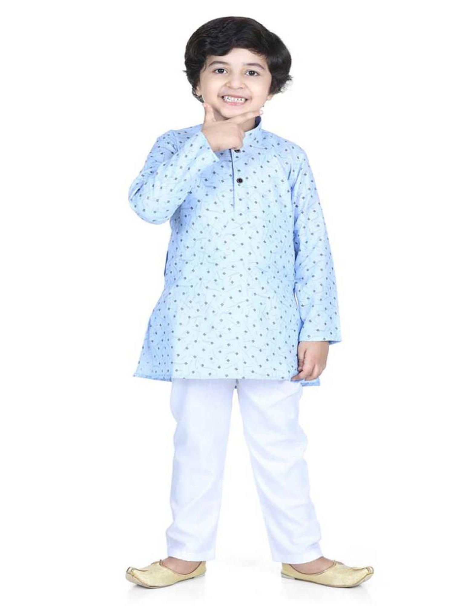 AJ Dezines Kids Blue Cotton Printed Full Sleeves Kurta Set