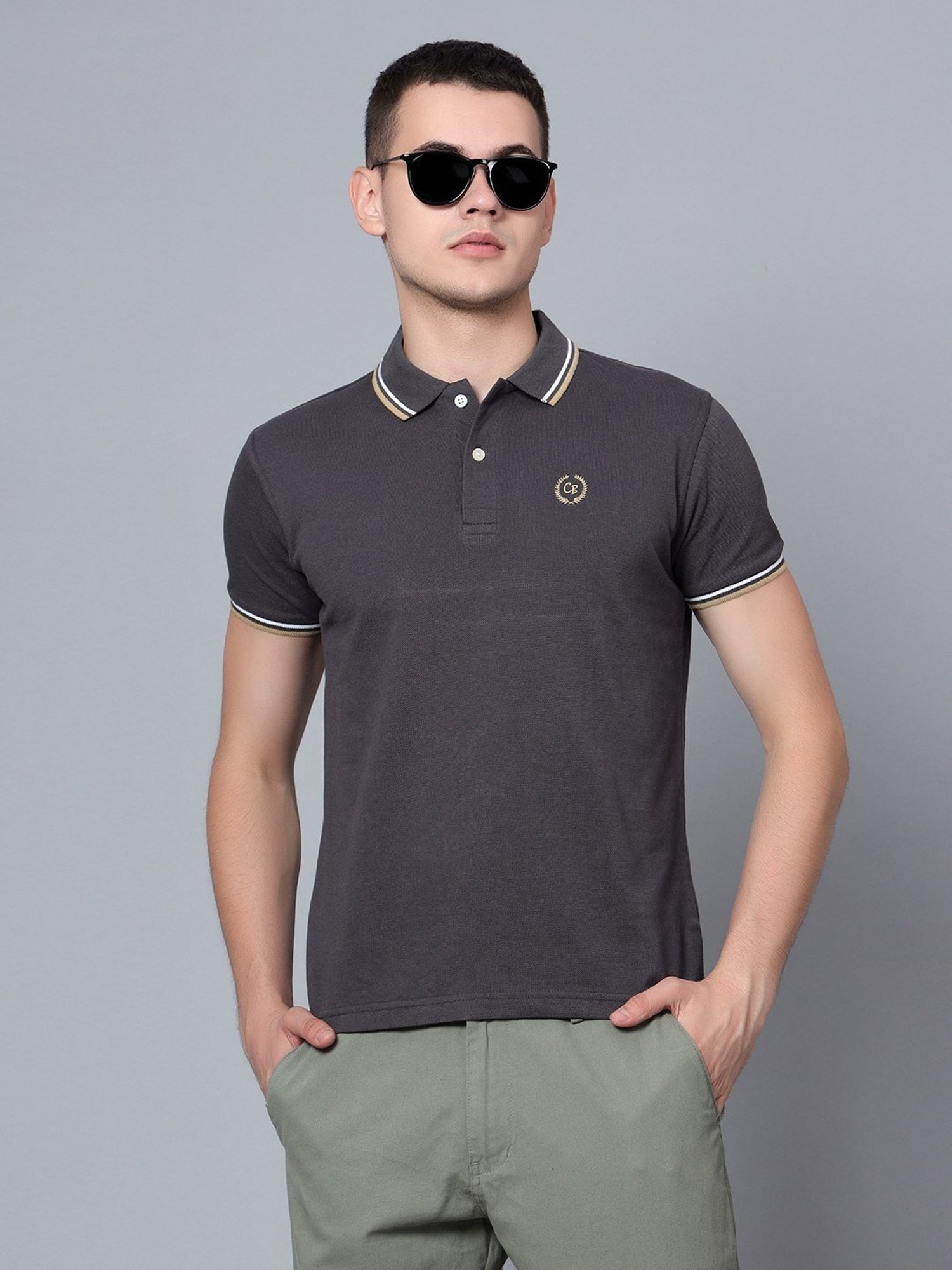 Cantabil Dark Grey Cotton Regular Fit Polo T-Shirt