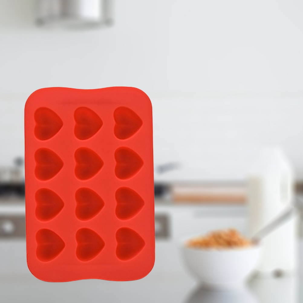 DIY 12 Cavities Ice Cube Tray Love Heart Shaped Ice Making Mold Chocolate Mould Kitchen Accessories (Red)