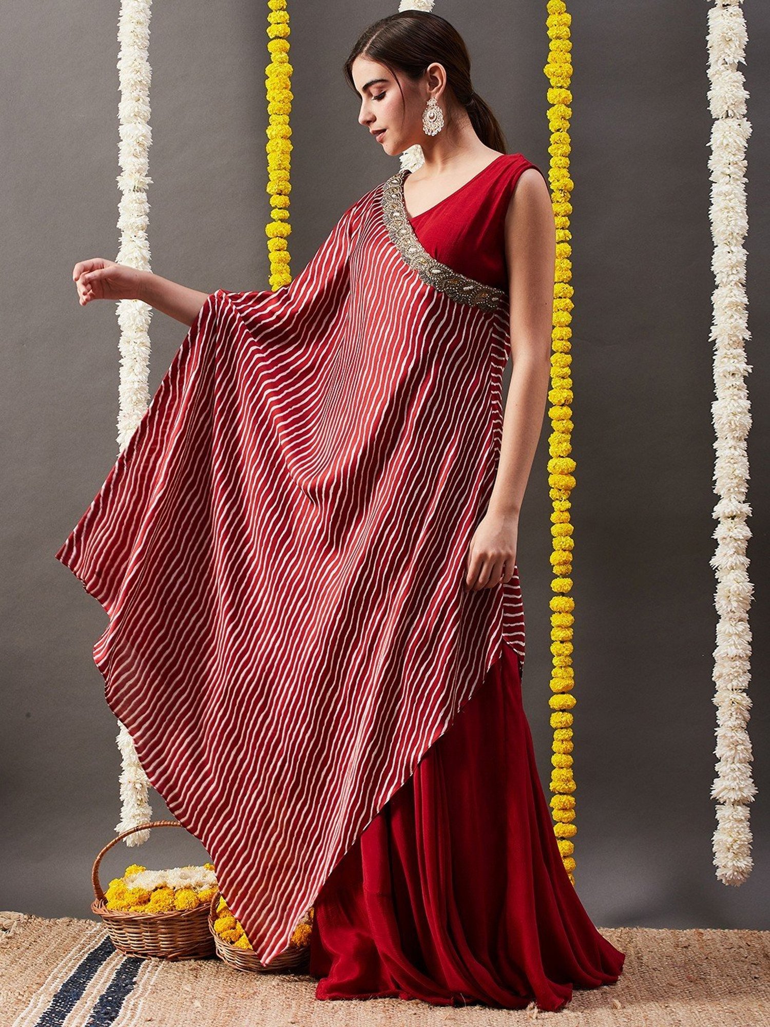 Fashor Maroon Printed Maxi Dress With Cape