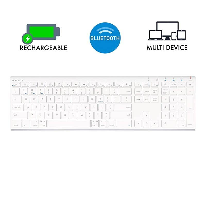 Wireless Bluetooth Keyboard for Mac or PC Multisync Connect up to 3 Devices Simultaneously Rechargeable Mac Wireless Keyboard with 110 Keys 20 Shortcuts and Numeric Keypad White