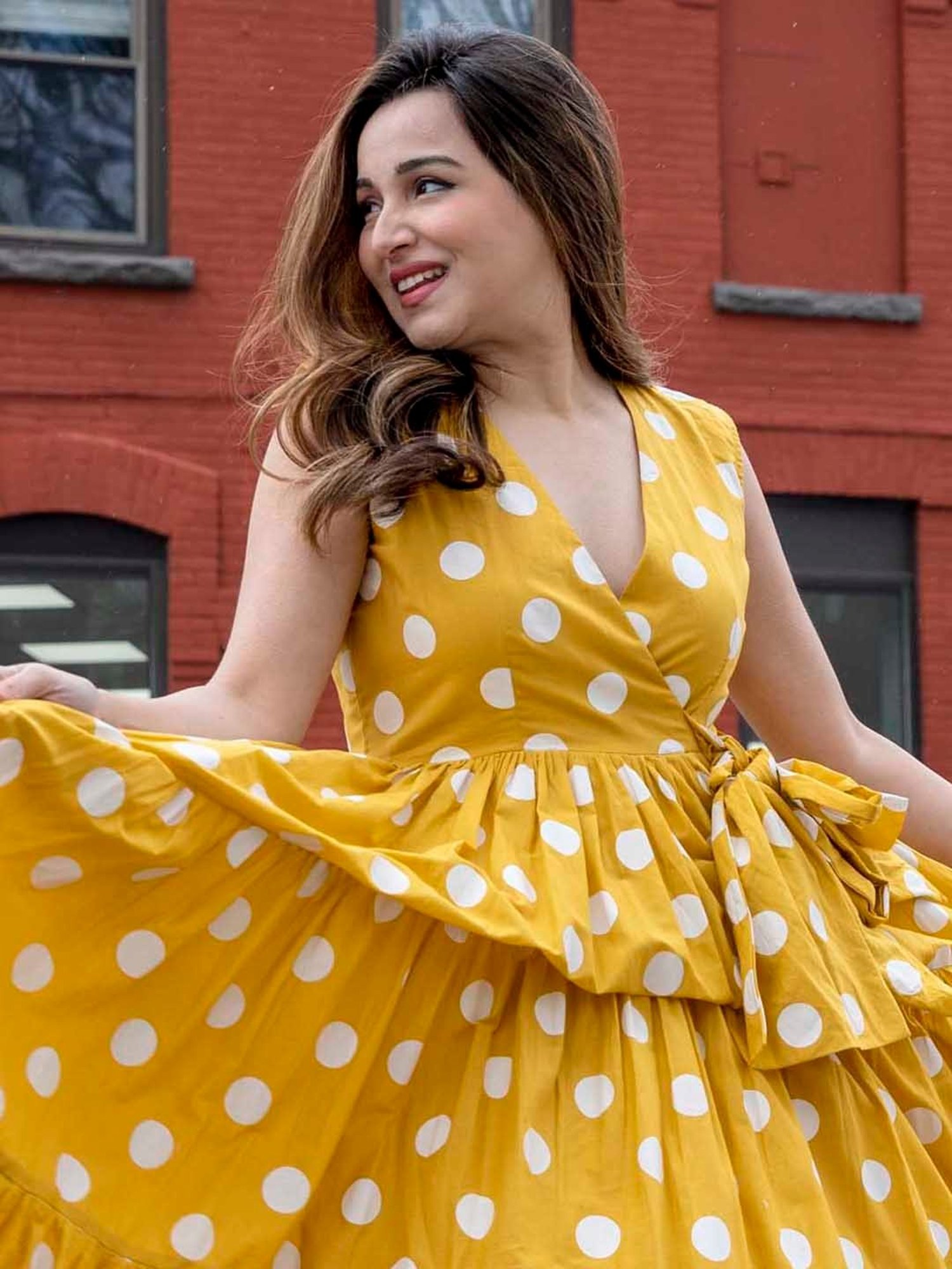 AACHHO Yellow Daffy Polka Cotton Dress