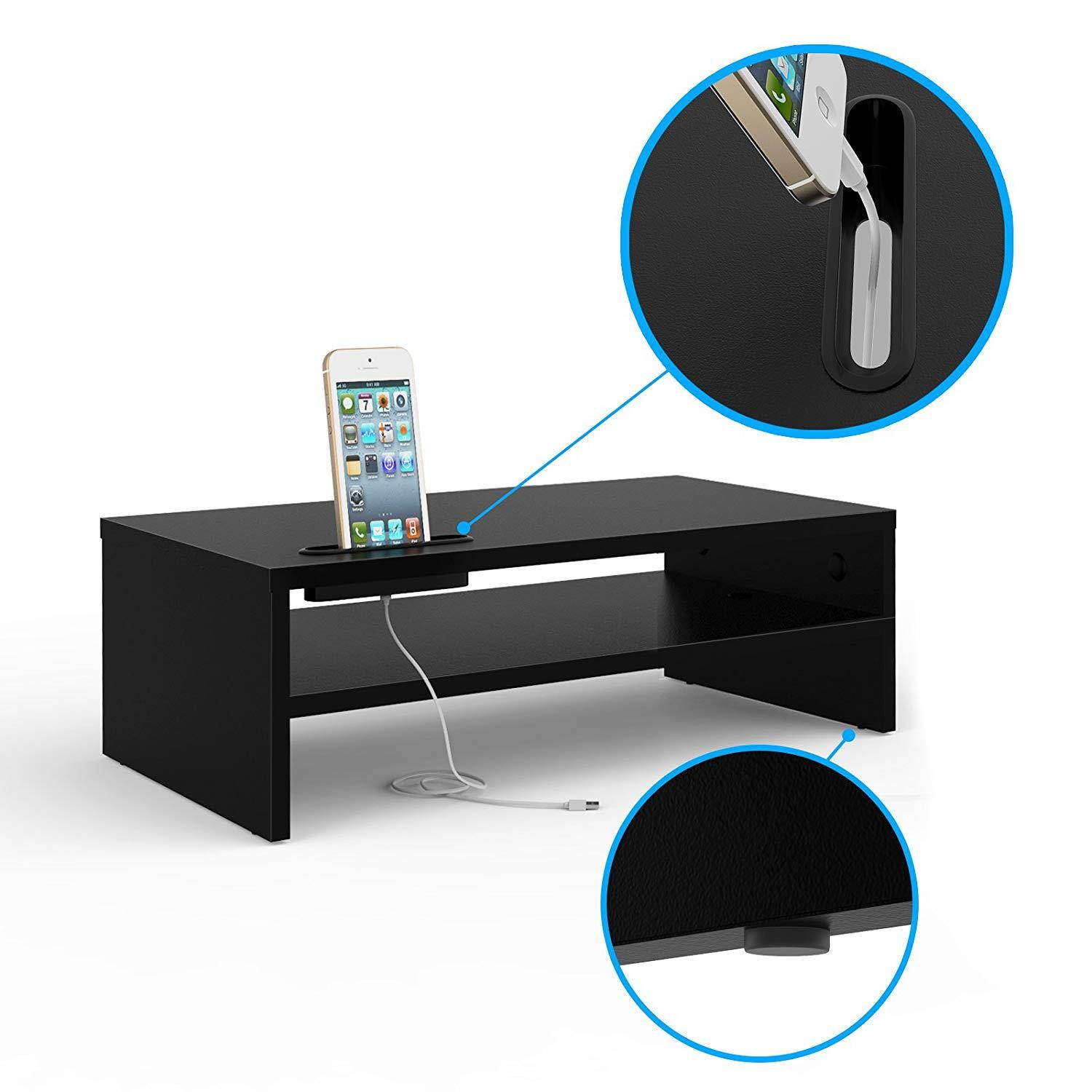 1homefurnit Universal Wood Monitor Stands Speaker TV PC Laptop Computer Screen Riser Desk Organizer 16.7 inch with Shelf Black