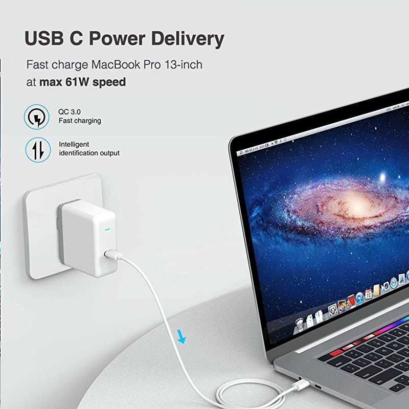 USBC Power Adapter USB C Wall Charger Cable for MacBook Pro 13 inch MacBook Air 13 inch 2020 2019 2018 USB C Laptop Charger 61 Watt USB Type C PD Fast Charger with 66ft USB C to C Power Cord