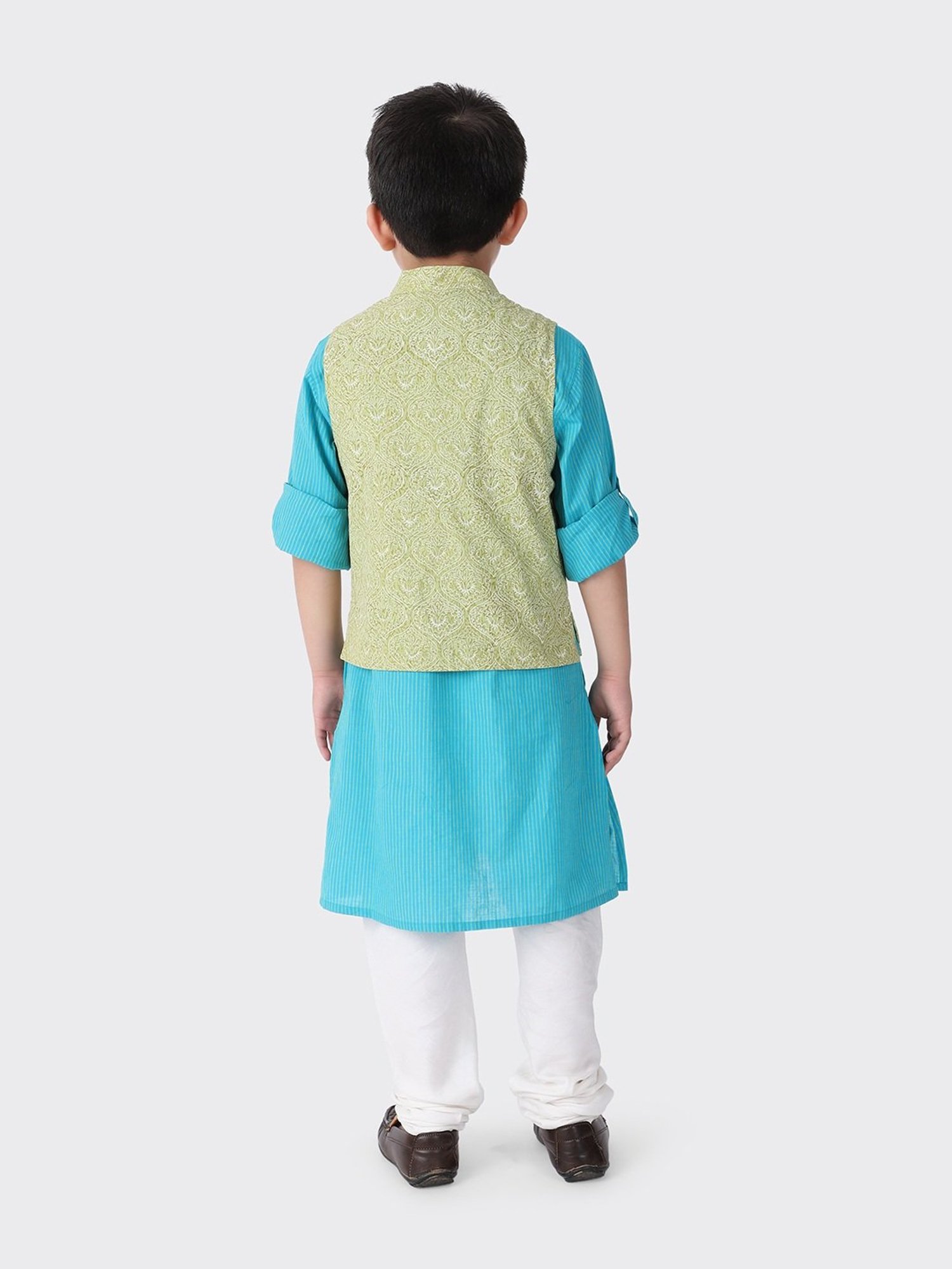 Fabindia Kids Green Cotton Printed Nehru Jacket
