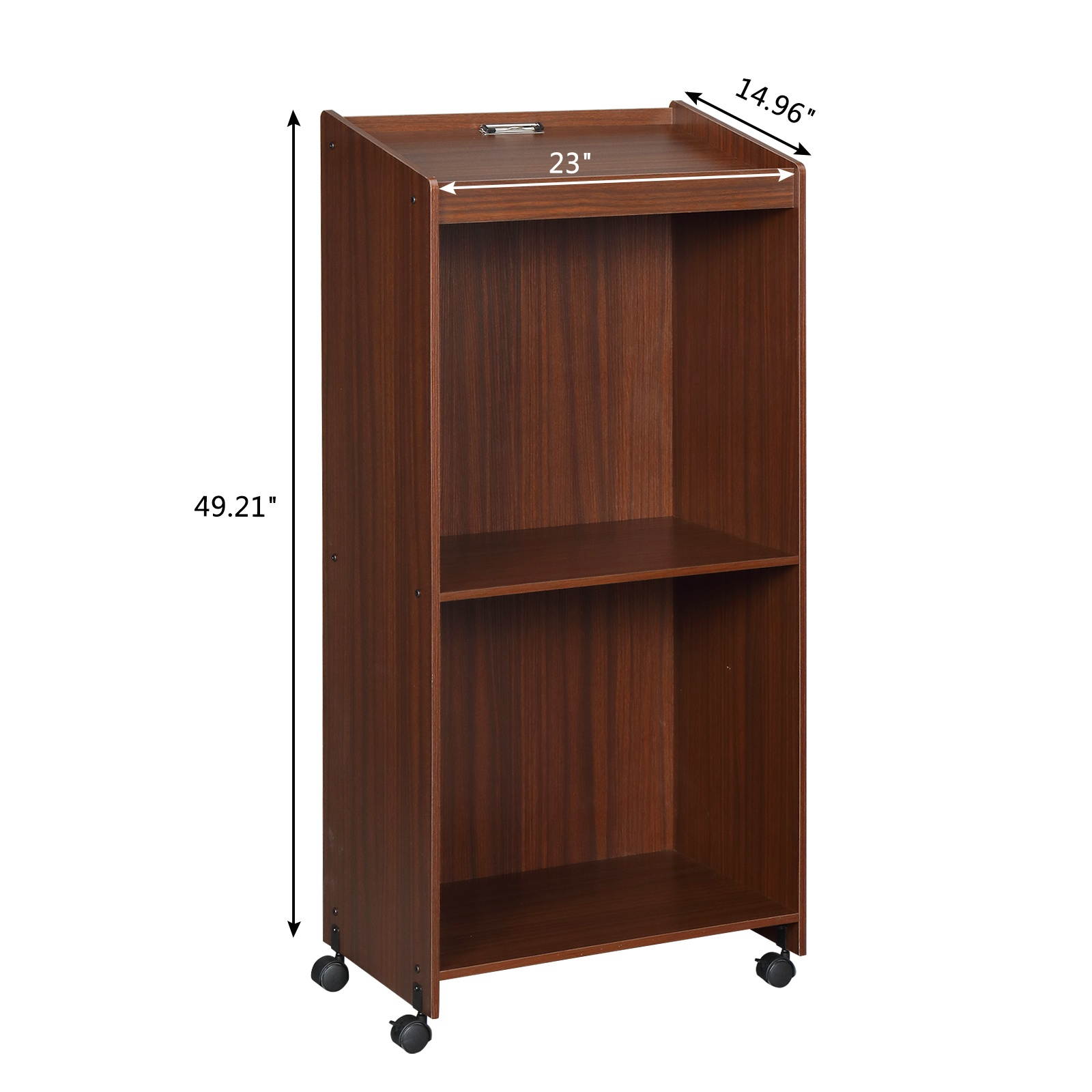(Ship from US!!!) Wooden Podium Stand, Rolling Lectern Desk with Casters and 2 Shelf Open Cabinets, Mobile Stand-up Speaking Table Portable Walnut Storage Shelves for Church School Classroom Office