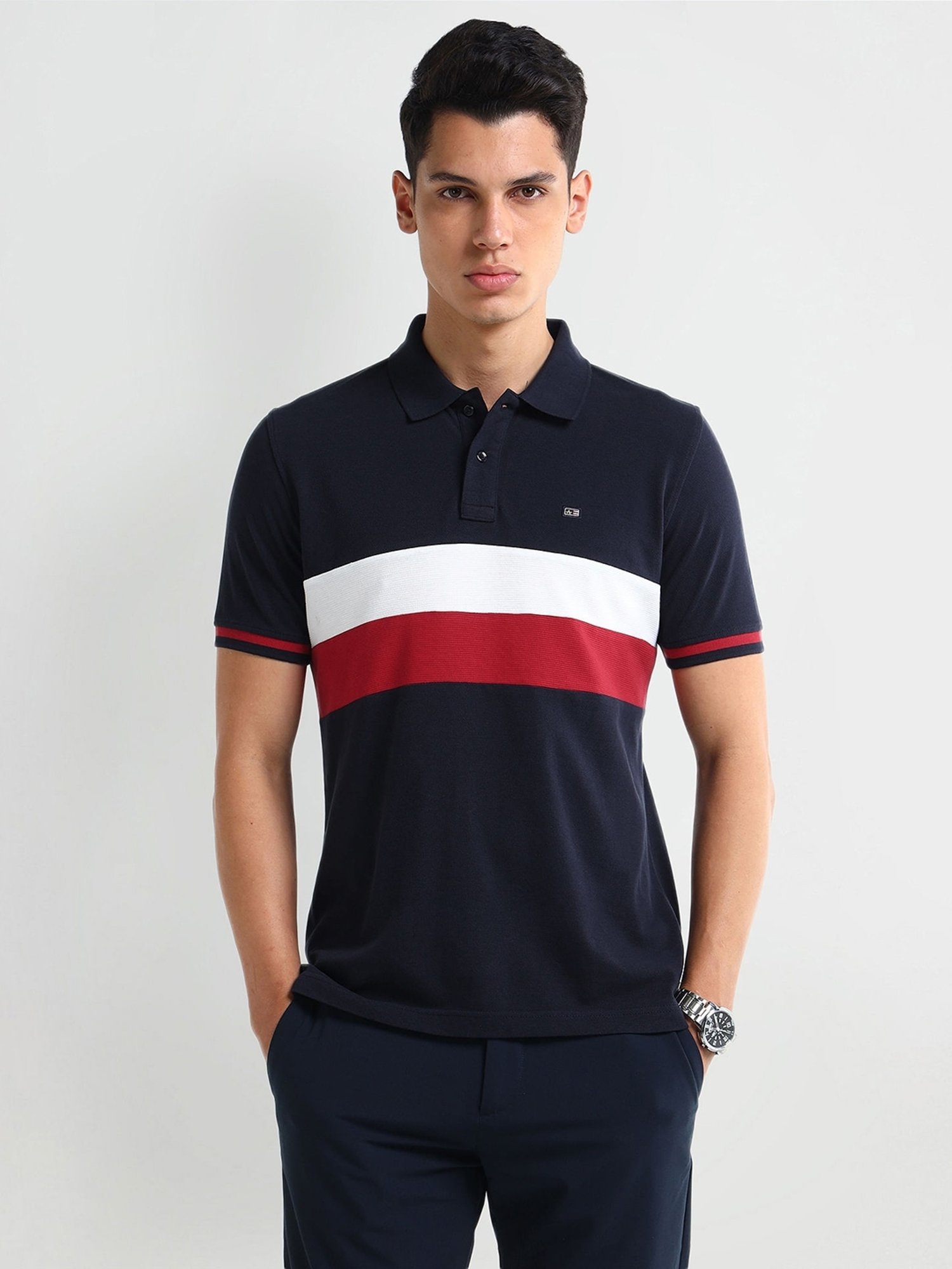 Arrow Blue Regular fit Stripes Polo T-Shirt