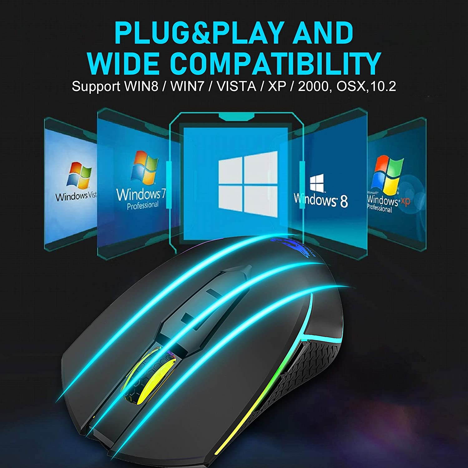 Wireless Gaming Mouse with 2.4Ghz USB Receiver Rainbow RGB Backlight Adjustable DPI Silent Click Rechargeable Ergonomic 6 Buttons Gaming Mouse for Computer Laptop PC Mac Gamer Office Use