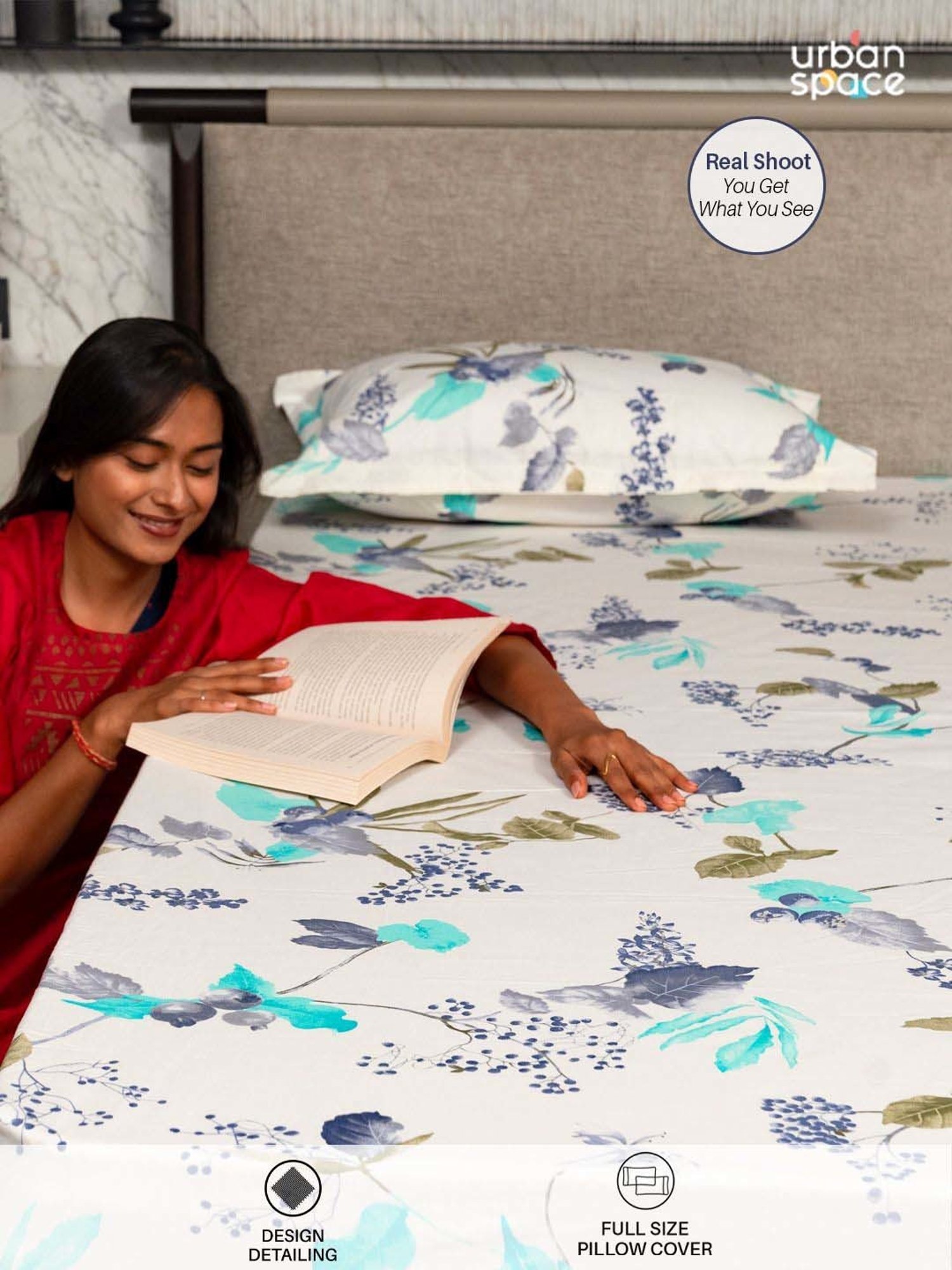 Urban Space Blue & White Cotton 200 TC Cherry Blossom Printed Single Bedsheet with 1 Pillow Cover