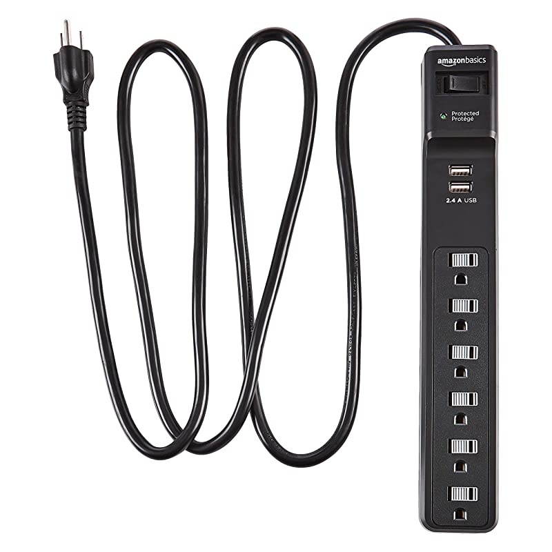 6Outlet Surge Protector Power Strip with 2 USB Ports 1000 Joule Black