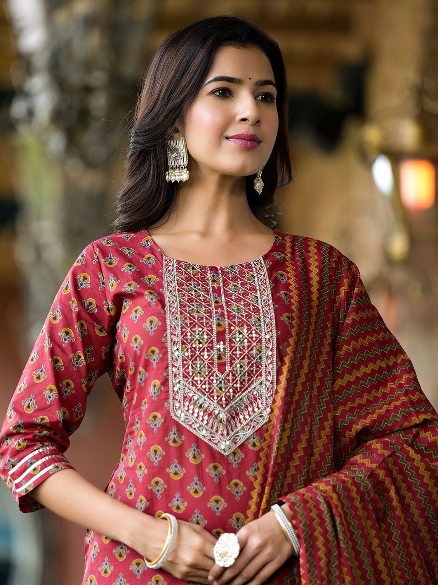 Yufta Rust Embroidered Kurta With Sharara & Dupatta