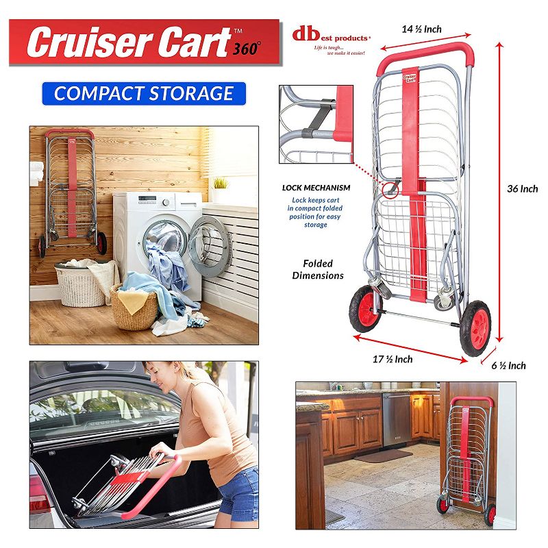 dbest products Steel Cruiser Cart 360 Foldable Lightweight Compact 4 Wheel Shopping Utility Trolley Laundry Basket and Rolling Storage Cart, Red