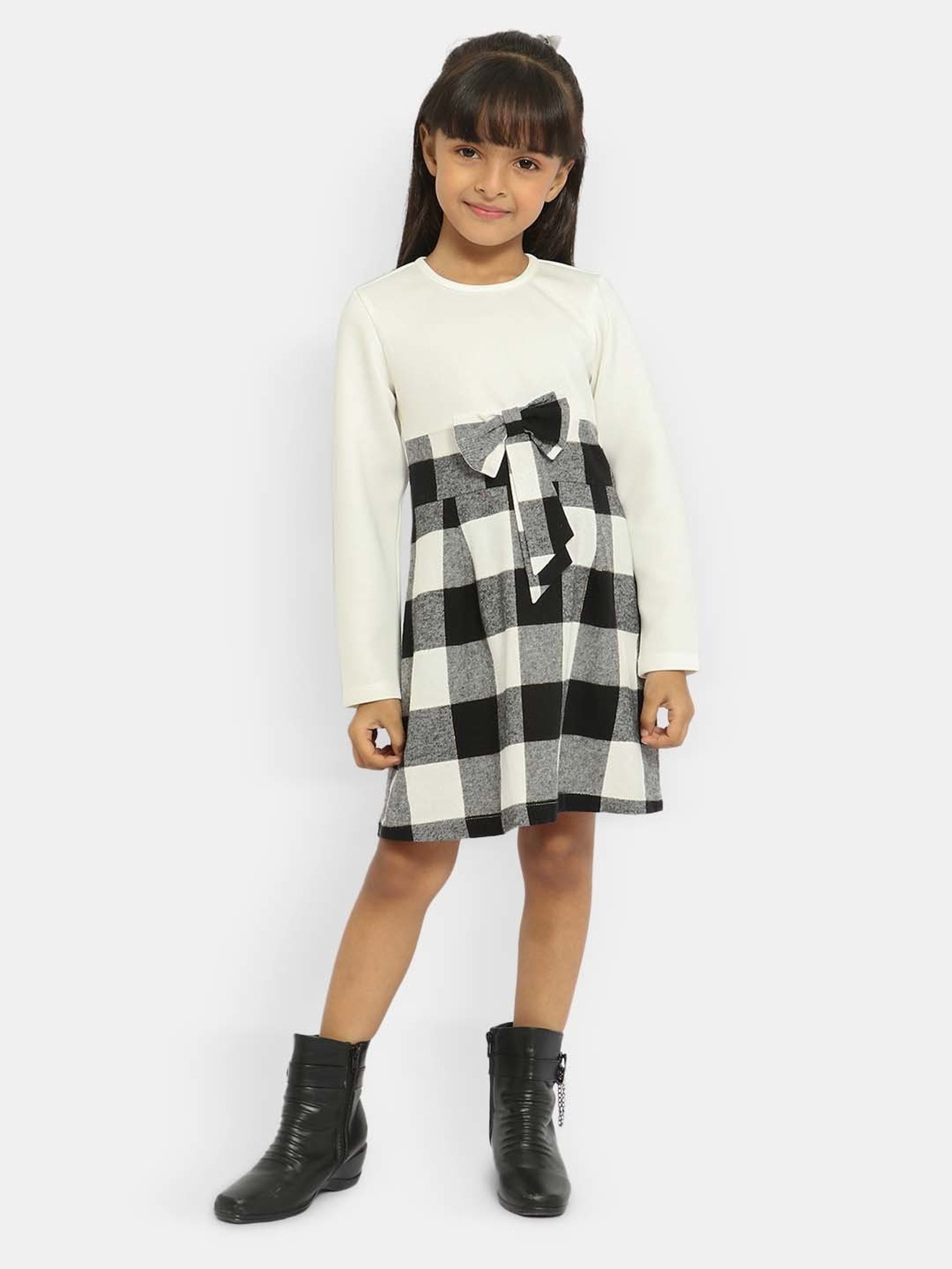 Nauti Nati Kids White & Black Checks Full Sleeves Dress