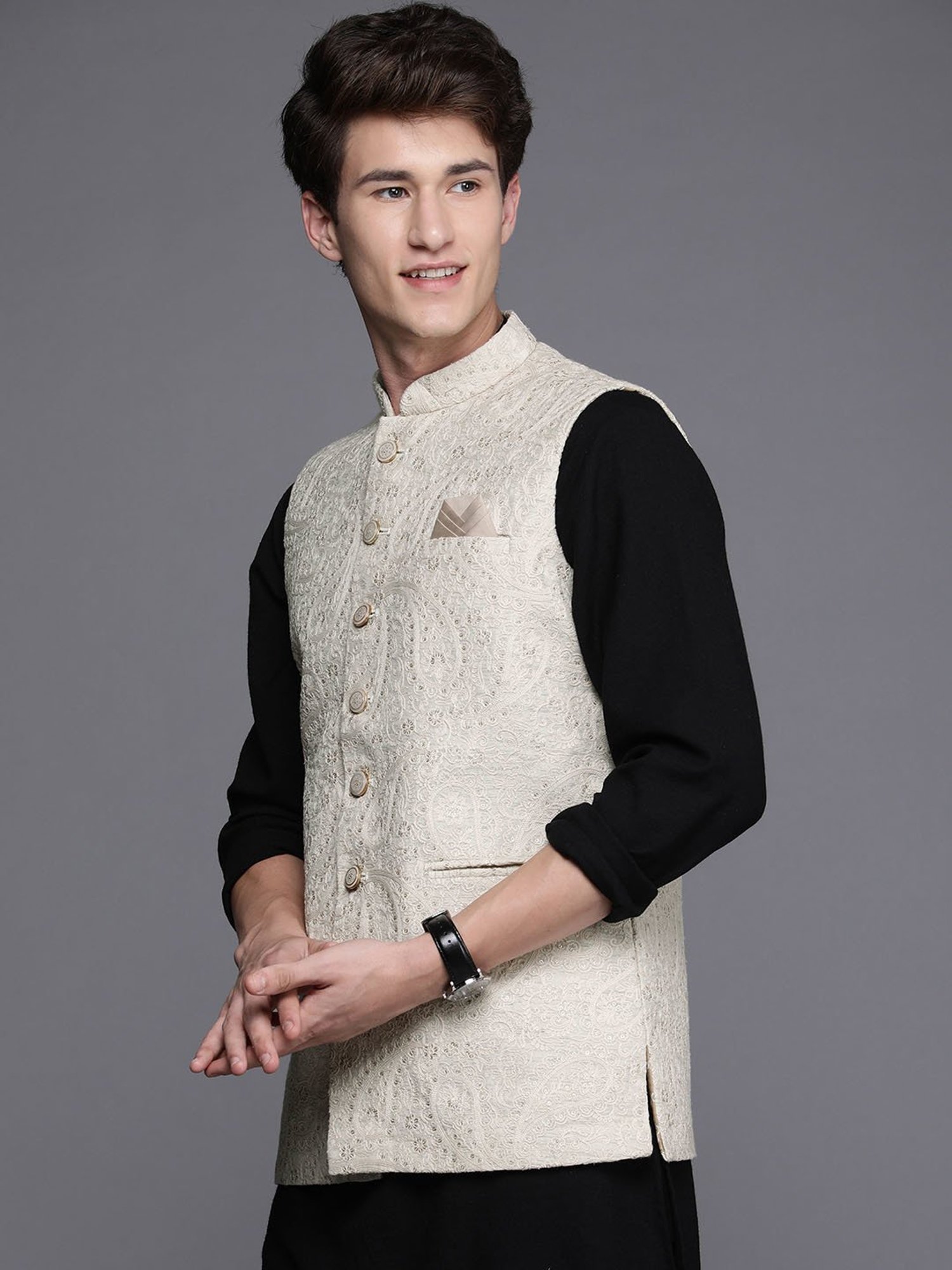 Manyavar Beige Regular Fit Self Design Nehru Jacket