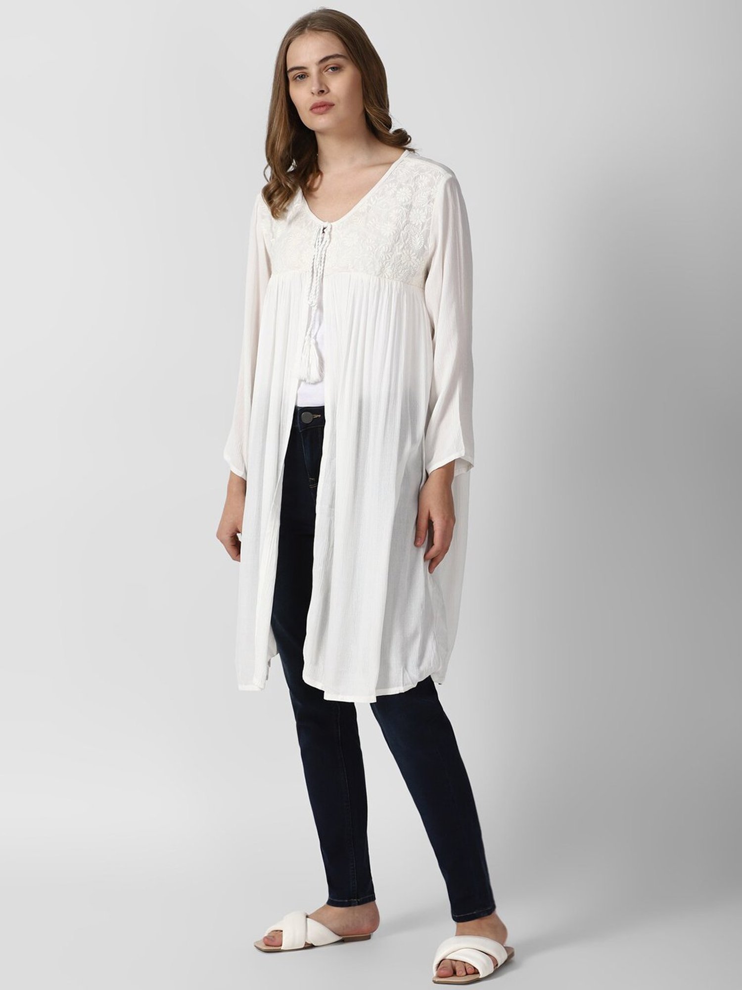 Van Heusen White Cotton Embroidered Shrug