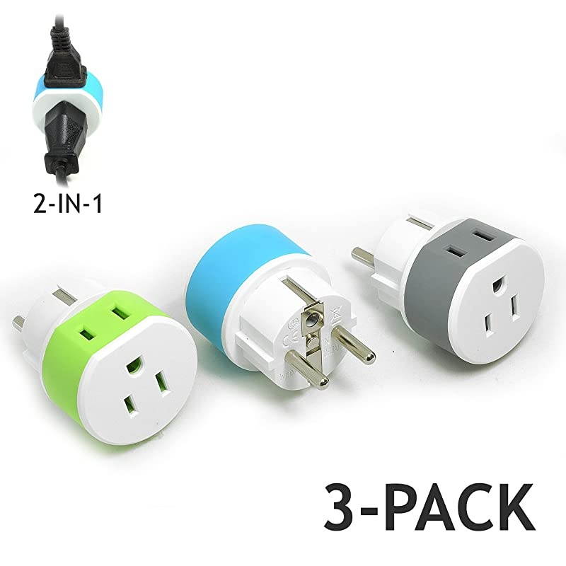 Germany France Schuko Power Plug Adapter by  with 2 USA Inputs Travel 3 Pack Type EF US9 Safe Grounded Use with Cell Phones Laptop Camera Chargers CPAP and More