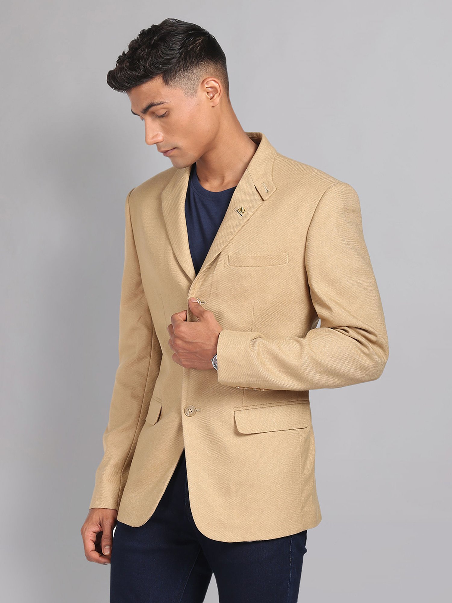AD by Arvind Beige Regular Fit Textured Blazer