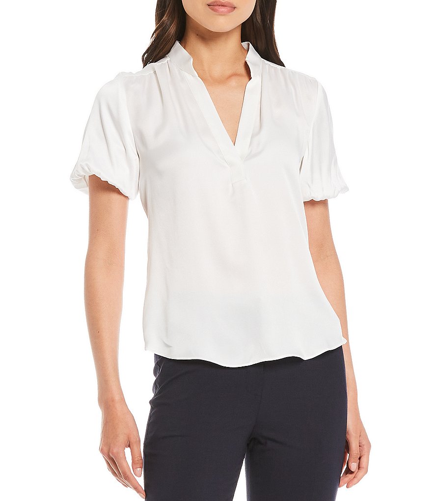 Antonio Melani Morgan Sandwashed Stretch Silk-Blend Short Puff Sleeve Mandarin Collar Neck Blouse