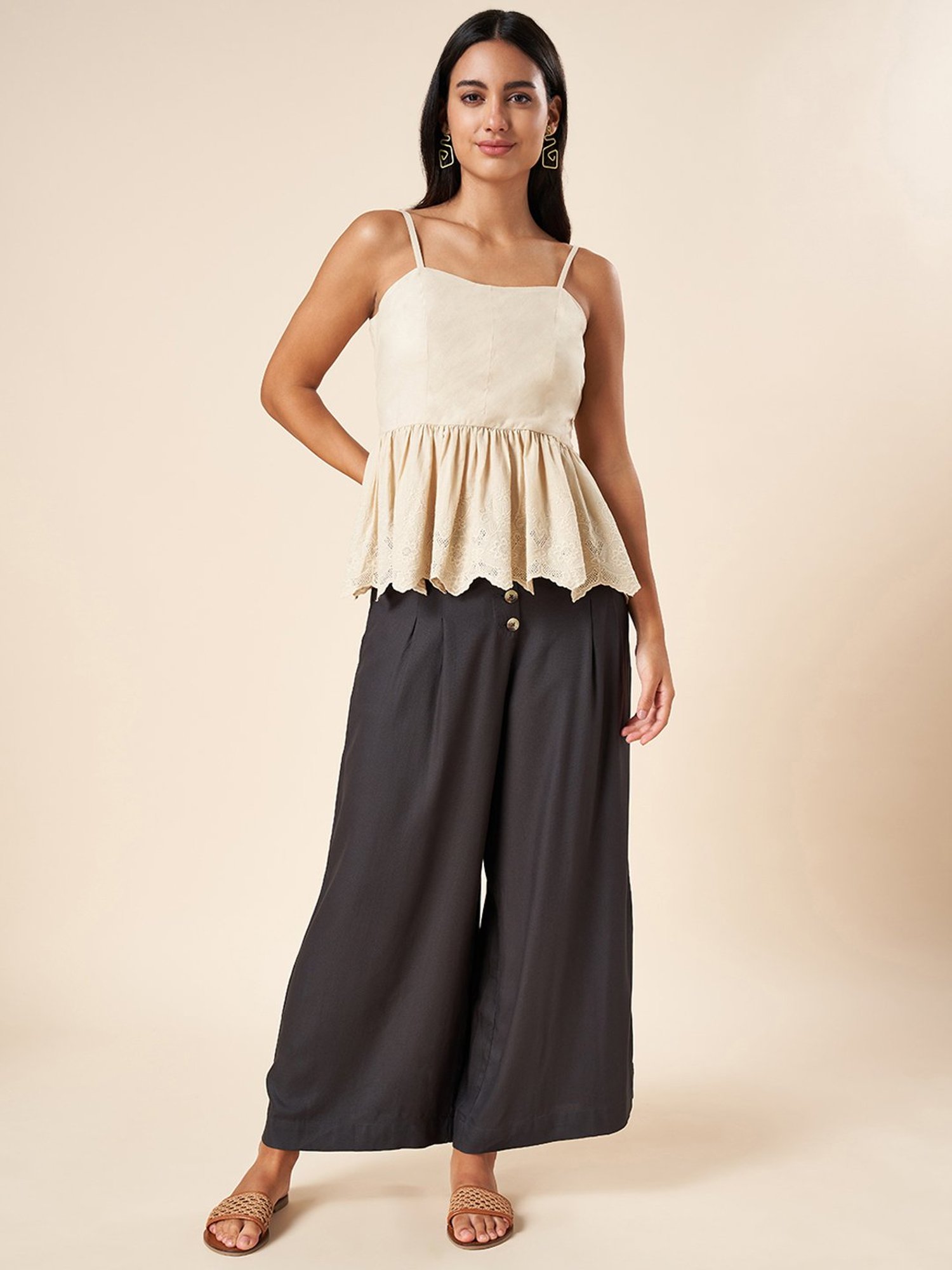 Akkriti by Pantaloons Beige Cotton Embroidered Top