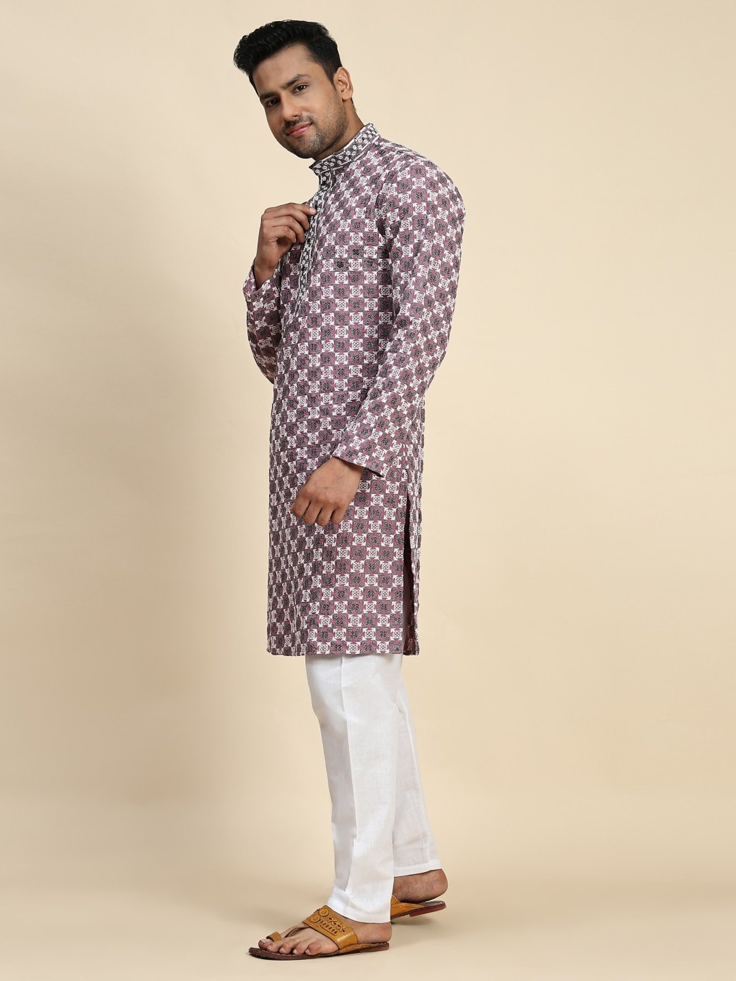 Pro-Ethic Style Developer Pink & White Cotton Regular Fit Embellished Kurta Bottom Set