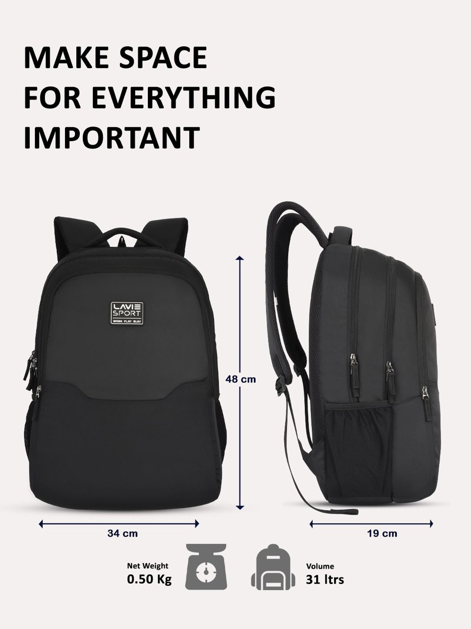 Lavie Sport Urban Black Polyester Solid Laptop Backpack - 31 Ltrs