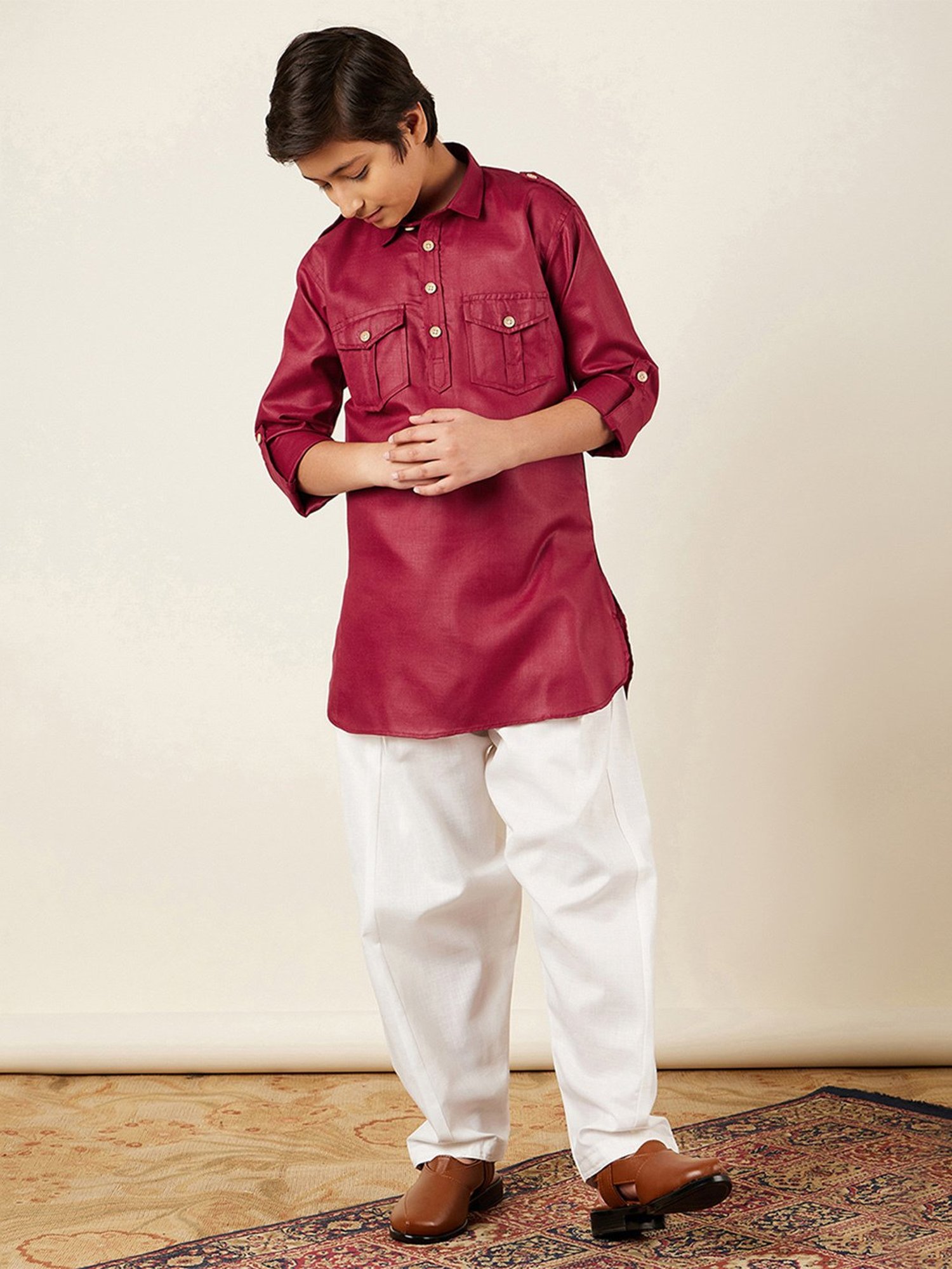 VASTRAMAY Kids Pink & White Floral Print Kurta Set