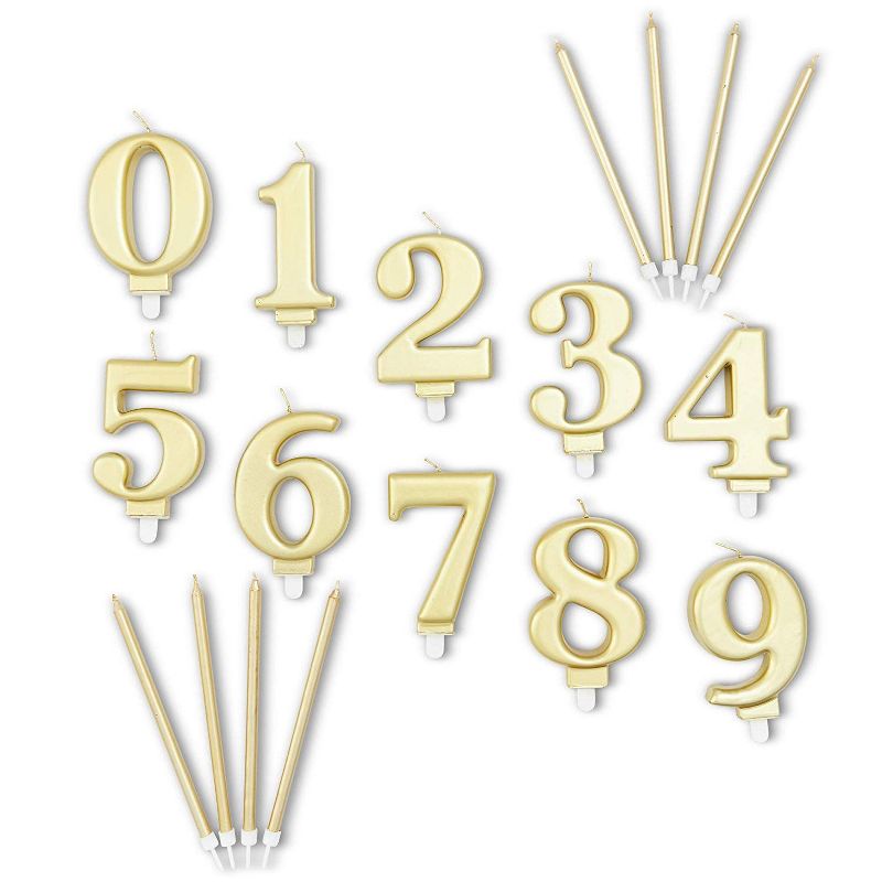 Blue Panda 34-Piece Gold Numbers 0-9 and Birthday Cake Topper Candles Set with Holders for Party Decorations