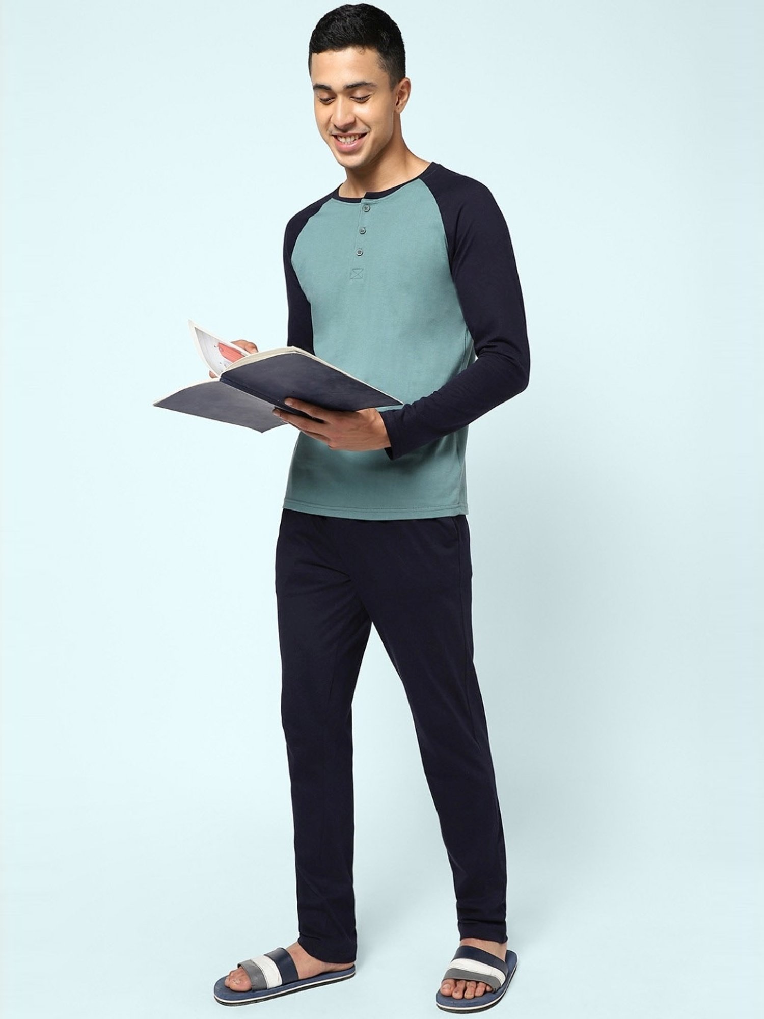 Ajile By Pantaloons Sage Green & Black Cotton Slim Fit Colour Block Lounge T-Shirt