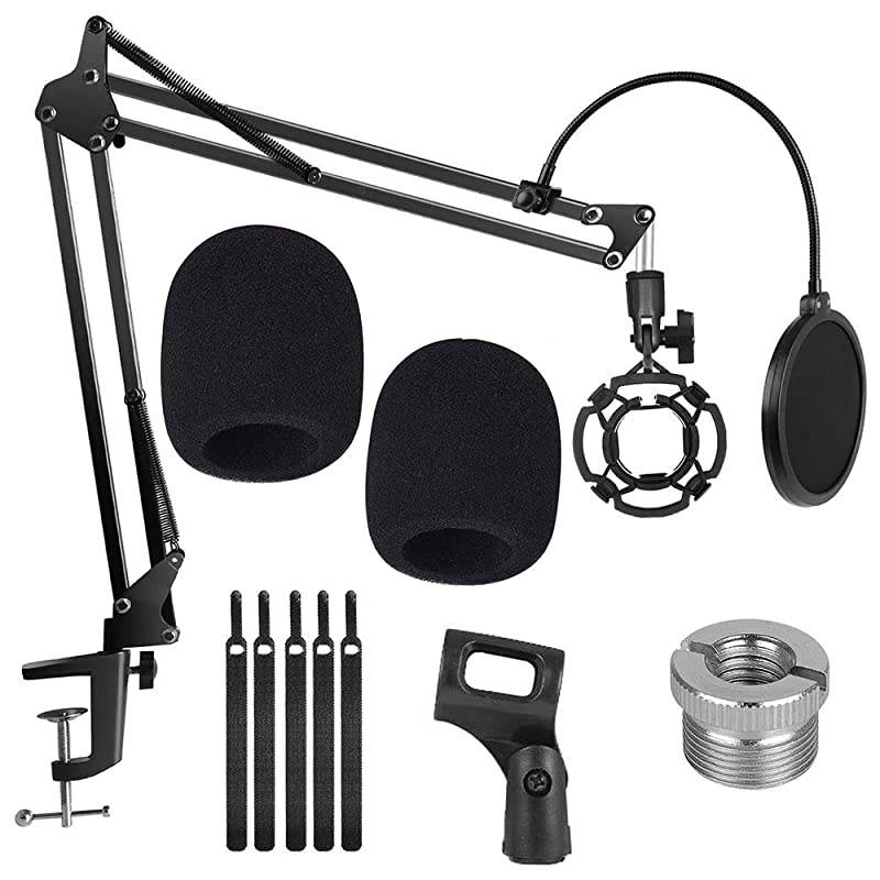 Microphone Suspension Stand Adjustable Boom Scissor Arm Stand with Shock Mount Mic Clip Holder 38 to 58 Screw Adapter Pop Filter and Foam Windscreens Radio Broadcasting and Recording