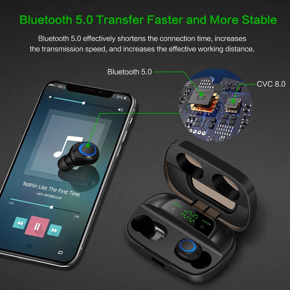Wireless Bluetooth Earbuds, SEGMART True Wireless Earbuds, Bluetooth Earbuds with LED Display, Charging Case, Waterproof Bluetooth Wireless Earbud for Sports, Workout, Gym, Touch Control, Black, R015