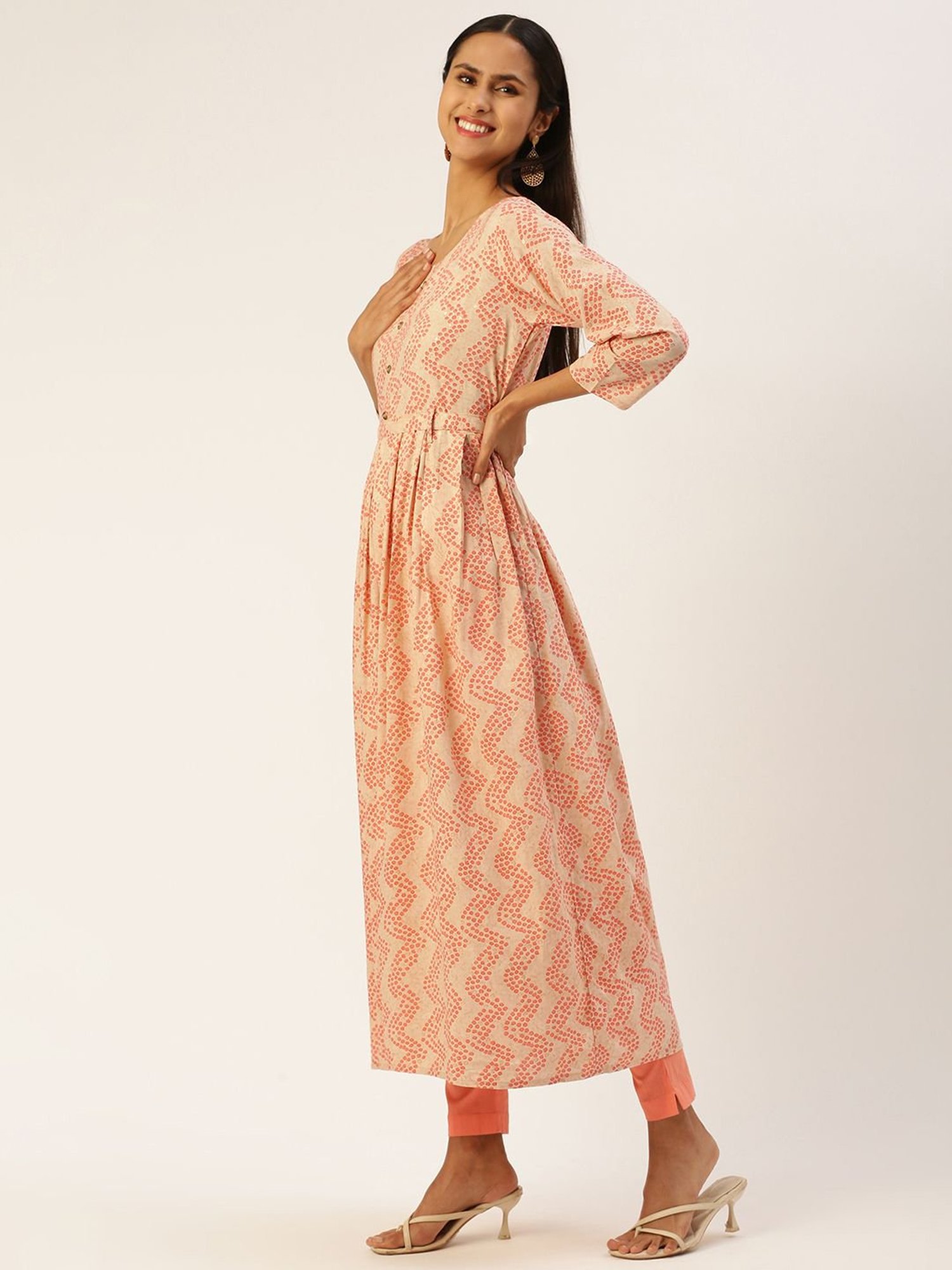 SHANVIKA Beige Printed A Line Kurta