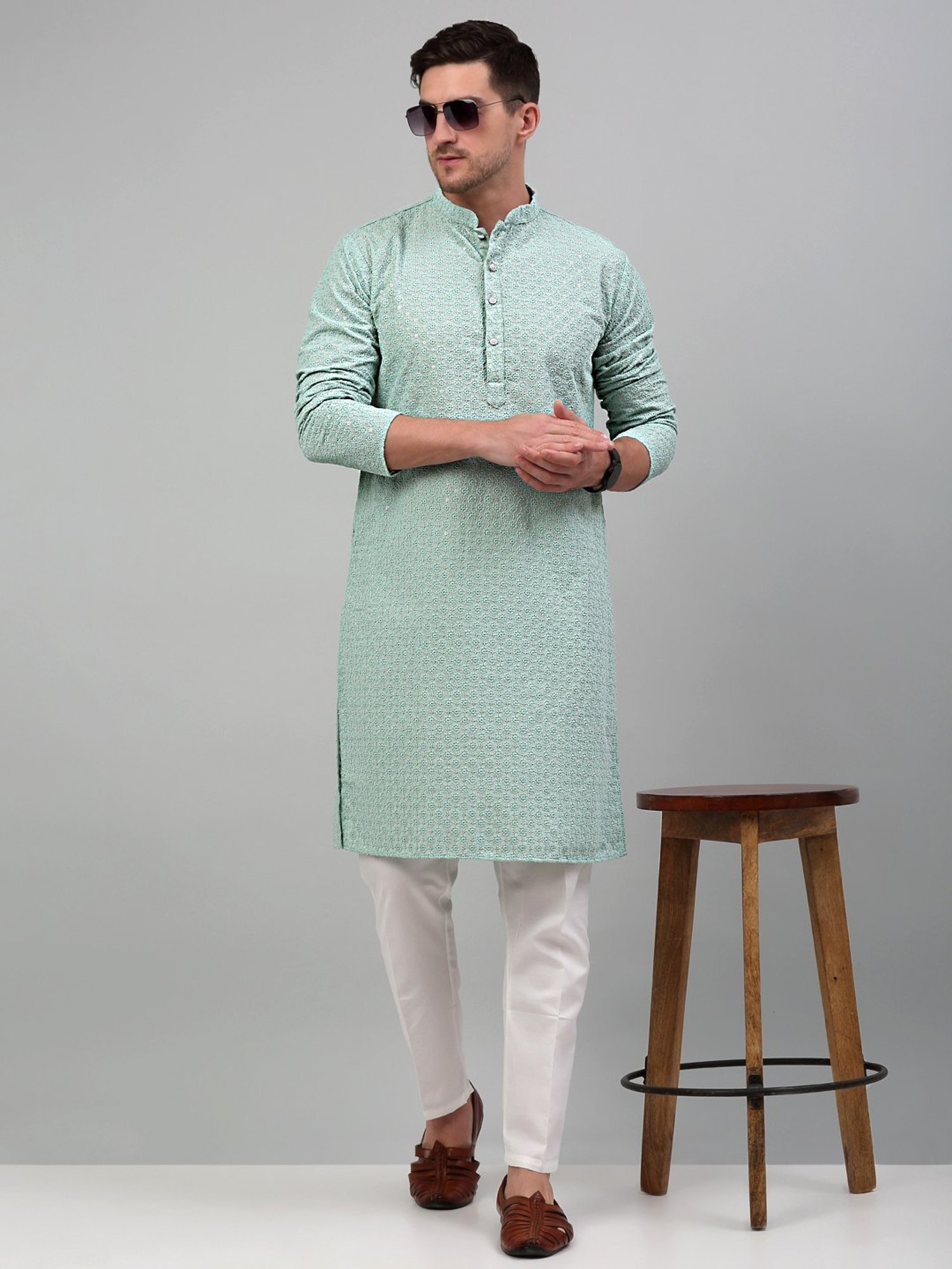 Jompers Green & White Cotton Regular Fit Embroidered Kurta Bottom Set