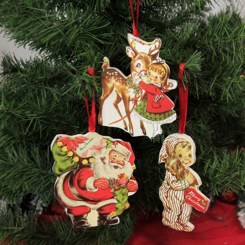 Christmas 4.0" Retro Christmas Ornaments St/3 Dummy Boards Santa Deer  -  Tree Ornaments
