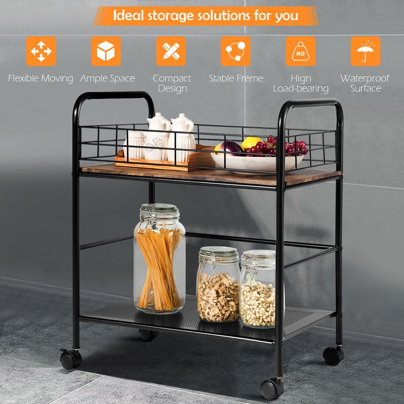 Costway 2-Tier Storage Rolling Cart Trolley W/Lockable Wheels Organizer Metal Frame Black