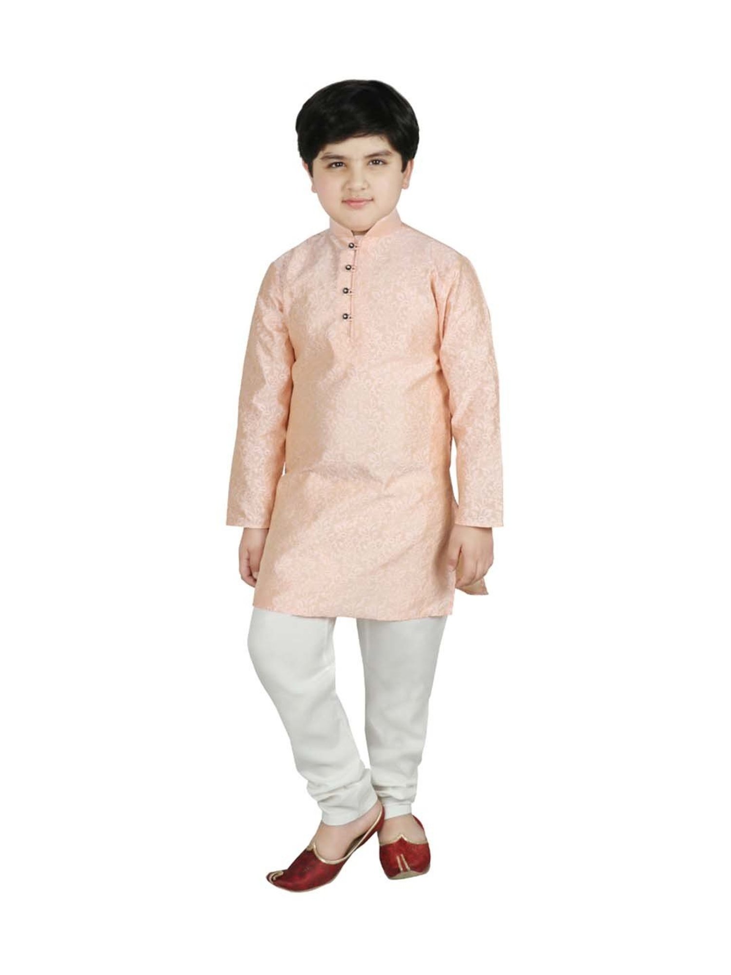 SG Yuvraj Kids Peach & White Self Full Sleeves Kurta Set