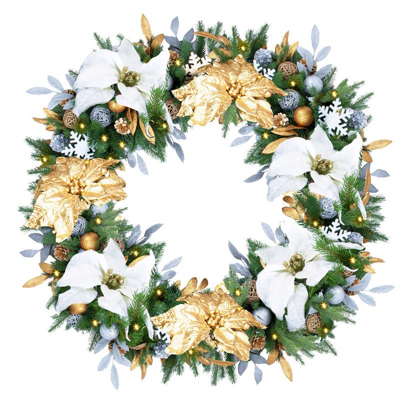 Easy Treezy 30-Inch Pre-Lit Pine Decorative Holiday Christmas Wreath with 100 Incandescent Warm White Lights, Silver and Gold
