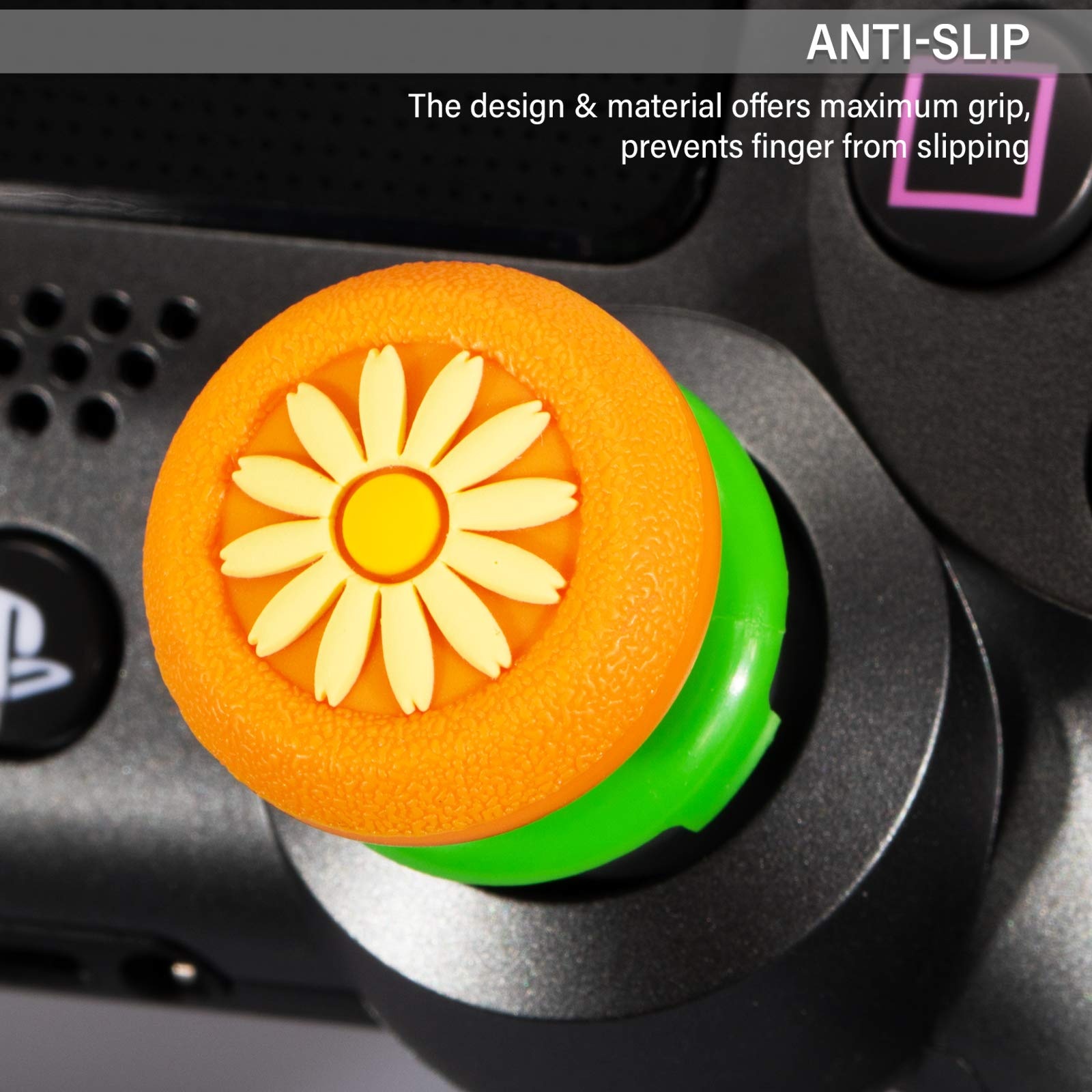 FPS Thumbstick Extender & 3D Texture Rubber Silicone Grip Cover 2 Sets for PS5 Dualsenese & PS4 Controller (Daisy Orange)