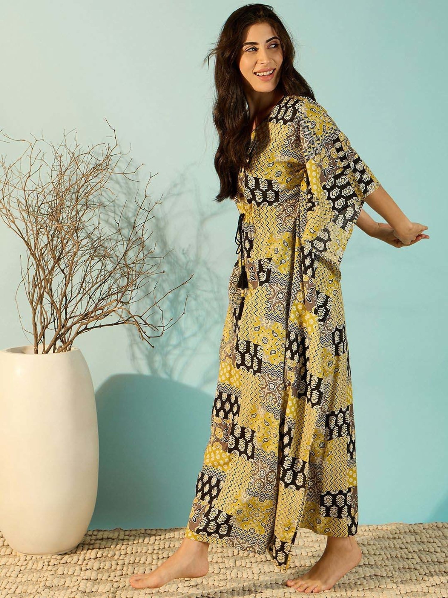 The Kaftan Company Yellow Cotton Printed Kaftan